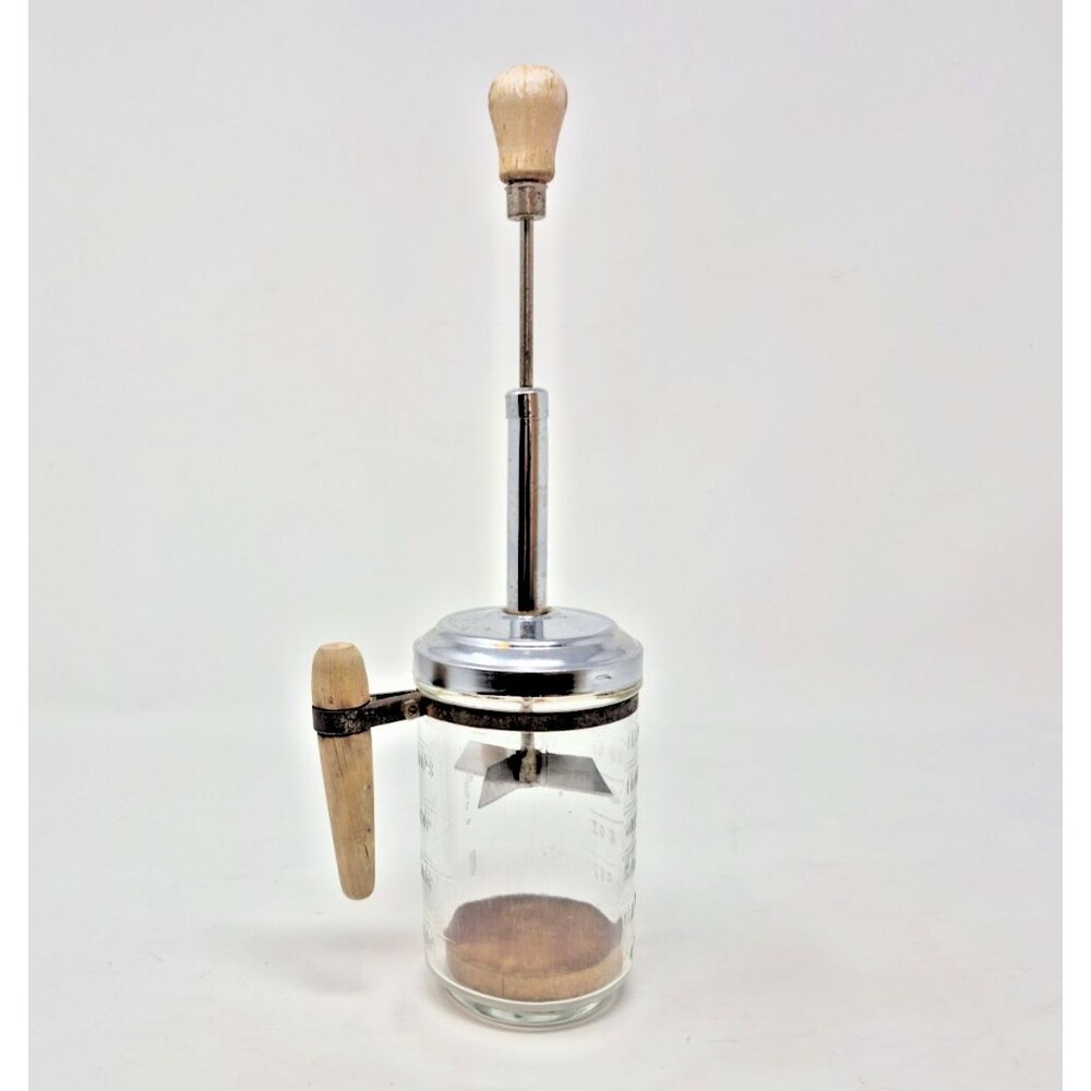 Hazel Atlas Mix ’N Chop Food Chopper Clear Glass w\ Measurements Wood Handle VTG
